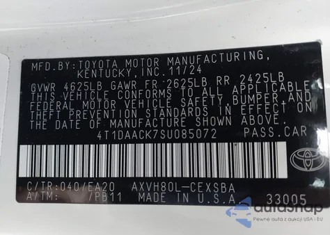 2025 Toyota Camry Se z USA, uszkodzony, nr VIN 4T1DAACK7SU085072